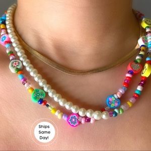 Chunky Happy Face & Flowers Beaded Handmade Necklace